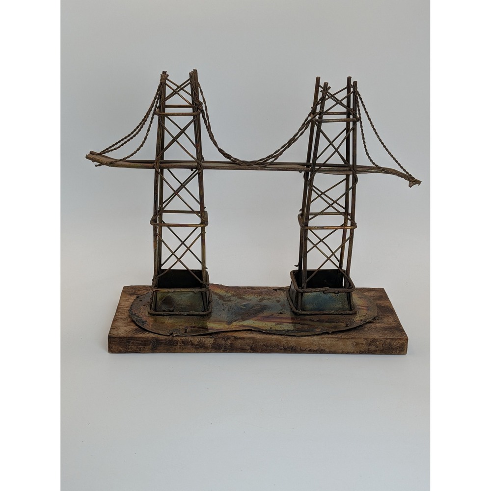 Vintage Brutalist Metal Wire Suspension Bridge Sculpture Wood Base Hong Kong